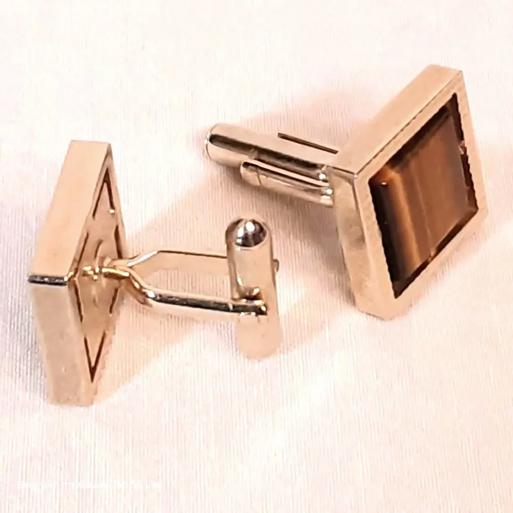 💎Tigers Eye Cuff Links Square Stones In Gold Tone Textured Border